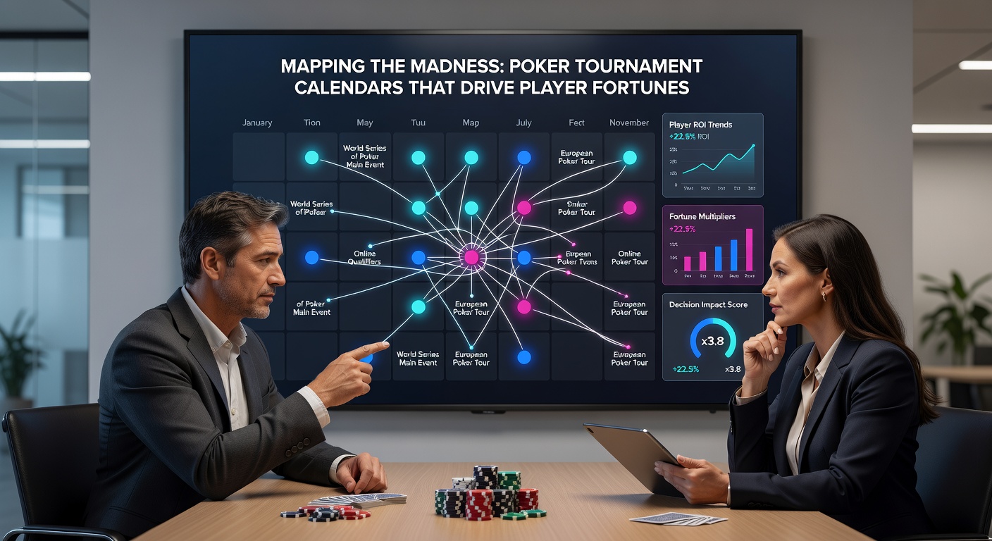 Detaillierte Ansicht eines Poker-Spielers am Tisch während eines großen Turniers, umgeben von Chips und Uhrzeigern