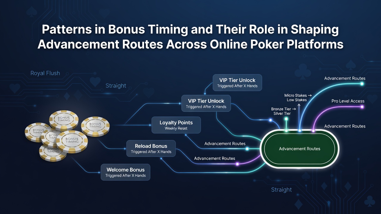 Grafische Darstellung zeitlicher Bonusmuster auf Poker-Plattformen mit Diagrammen und Spielerverläufen