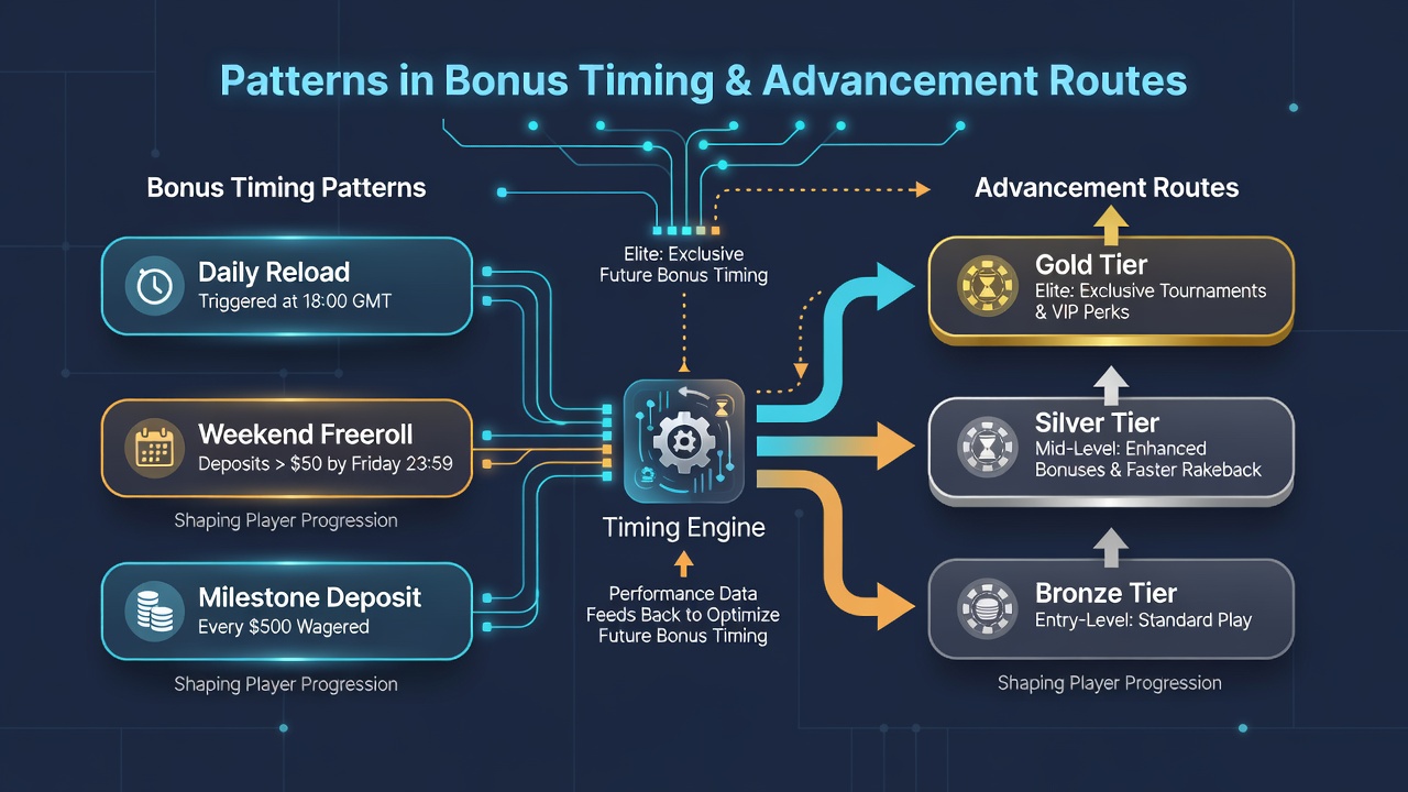 Illustration von Aufstiegspfaden in Online-Poker mit Fokus auf Bonus-Timing und Ranglistenentwicklung